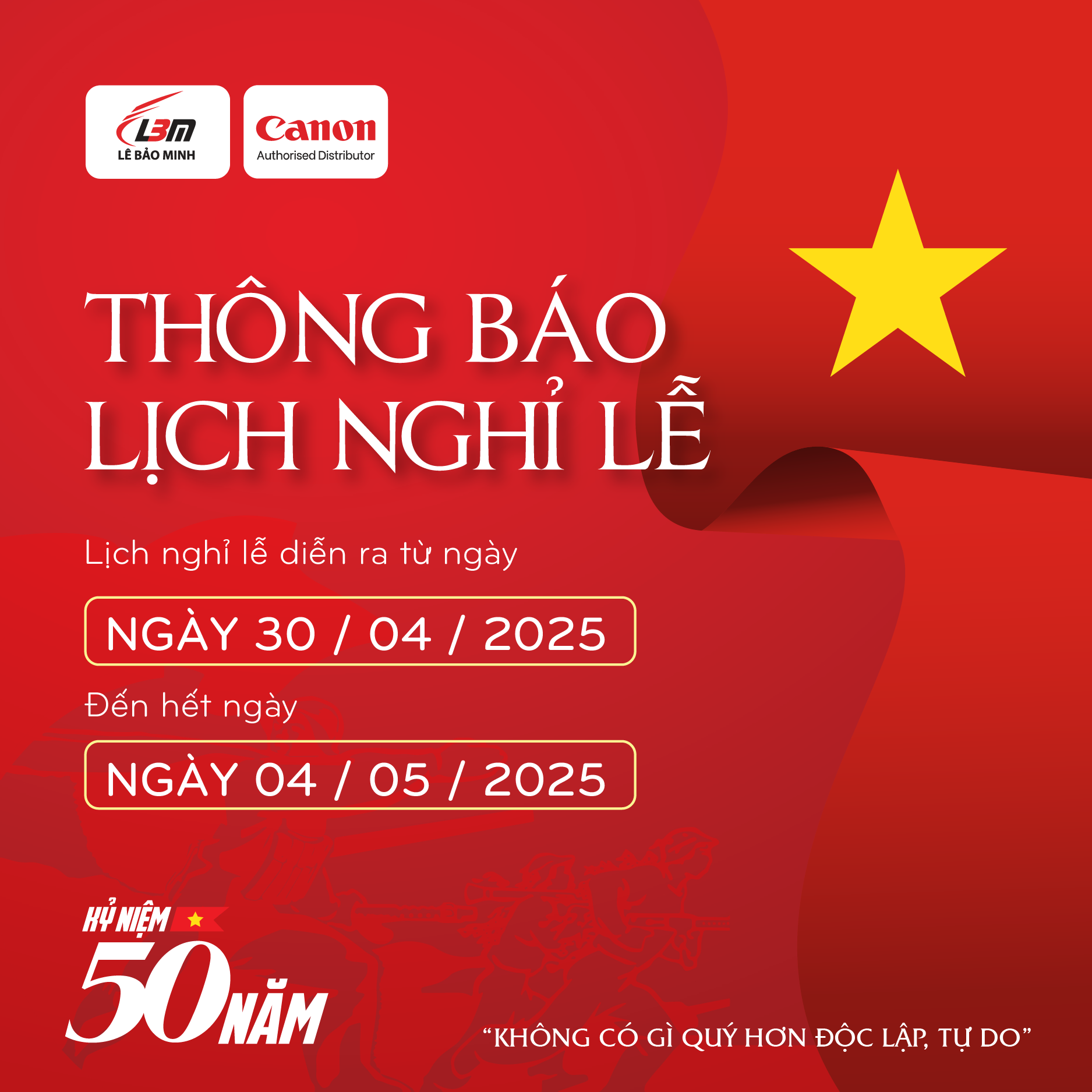 [NEWS] [THÔNG BÁO] NGHỈ LỄ 30-04 & 01-05 năm 2025